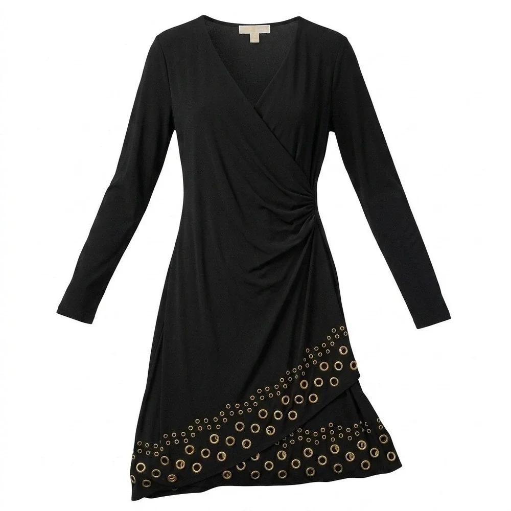 Michael Kors Black‎ Faux Wrap Dress Gold Grommet Hem Long Sleeve Size L Cocktail